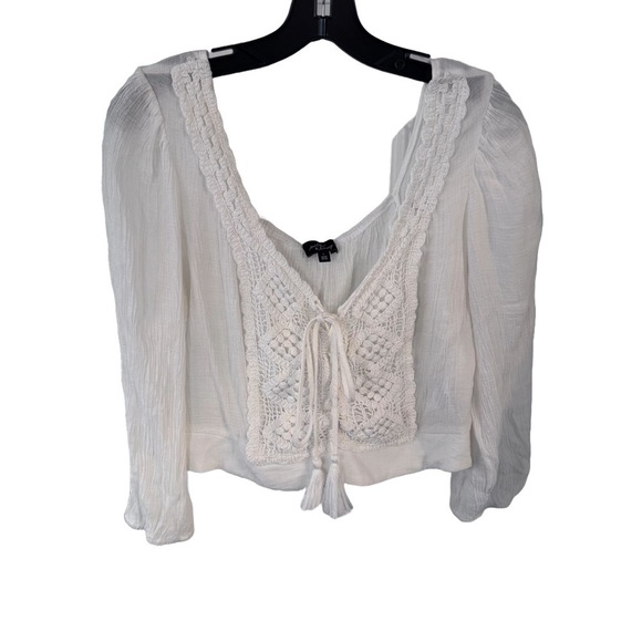 Milk & Honey Tops - Milk & Honey White puff sleeve Crochet Lace Up Top Blouse size Large